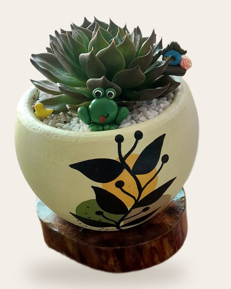 Vaso de concreto creme pintado à mão com folhagem preta, suculenta e sapinho de enfeite
