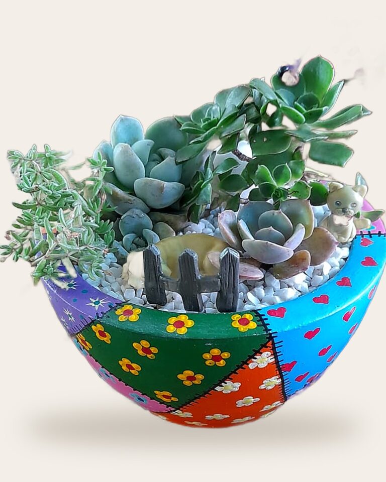 Vaso de concreto patchwork colorido com mini jardim de suculentas e cerquinha