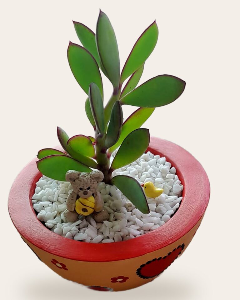 Vaso de concreto vermelho e bege pintado à mão com planta e ursinho de enfeite